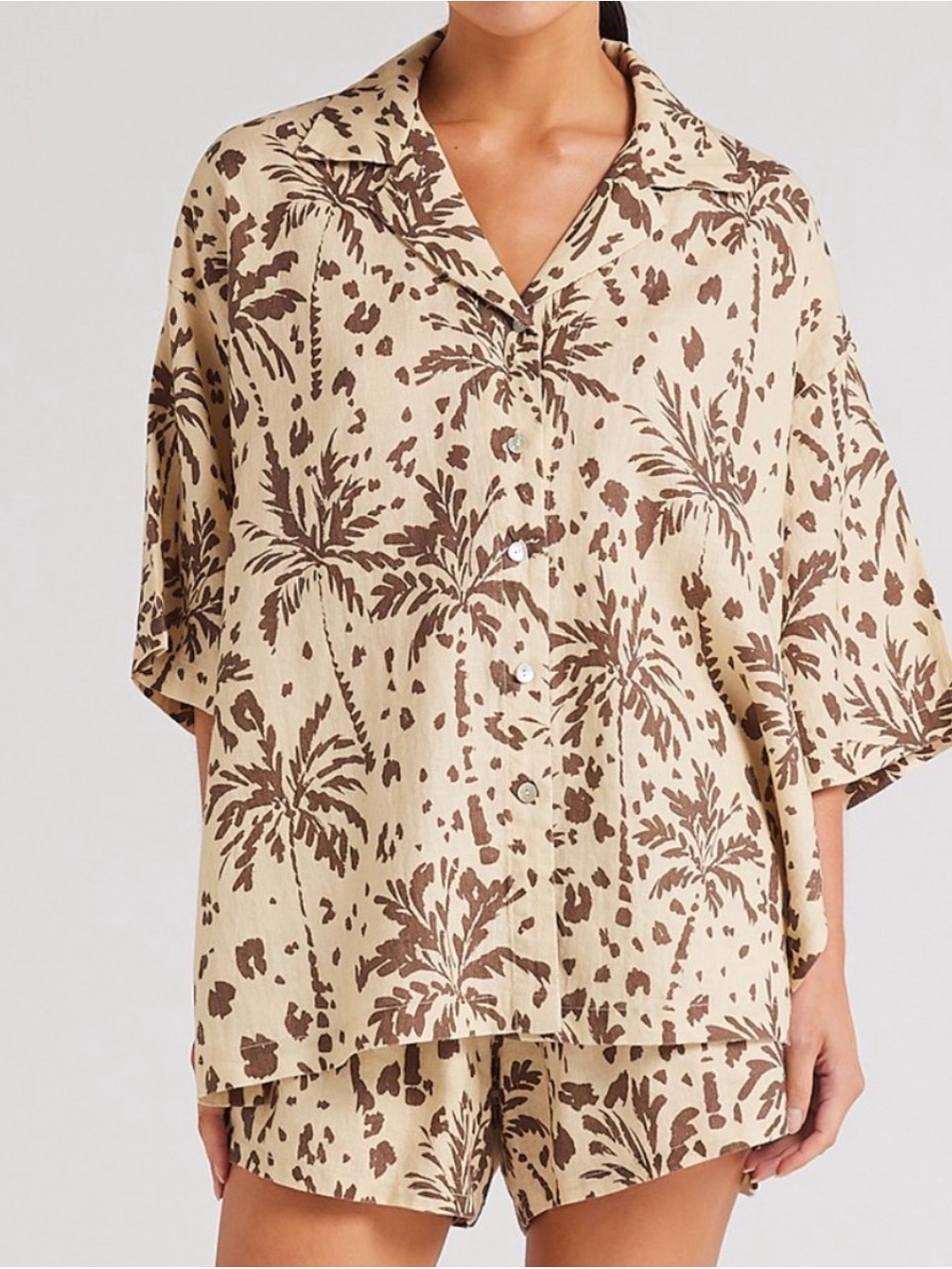 Poolside Paradiso Zanzibar Brown Beige Palm Tree Linen Over Shirt XS
